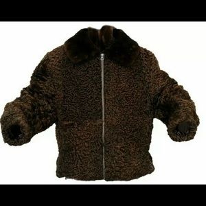 100% Real Persian Lamb Brown Bomber Jacket with real matching Mink fur collar,